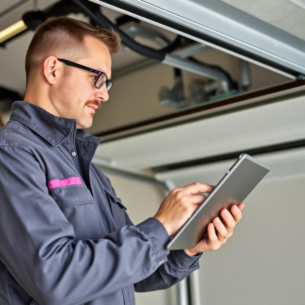 Professional garage door technician with tablet doing digital inspection in Manvel TX