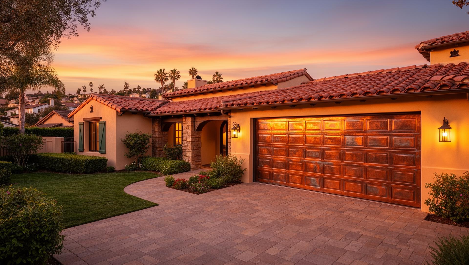 Luxury copper-clad garage door on Spanish revival home at sunset - professional installation by Garage Door Manvel