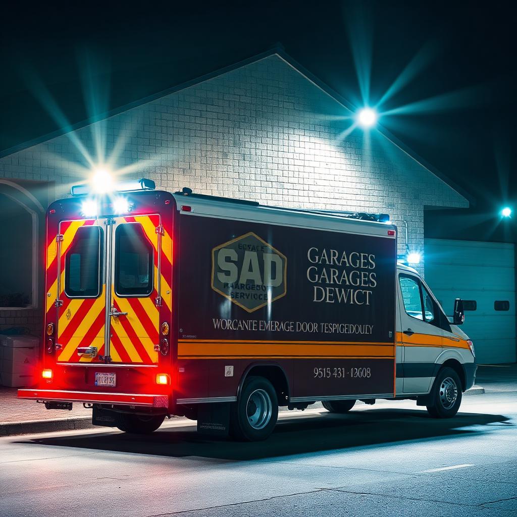 Emergency garage door service truck responding at night with work lights