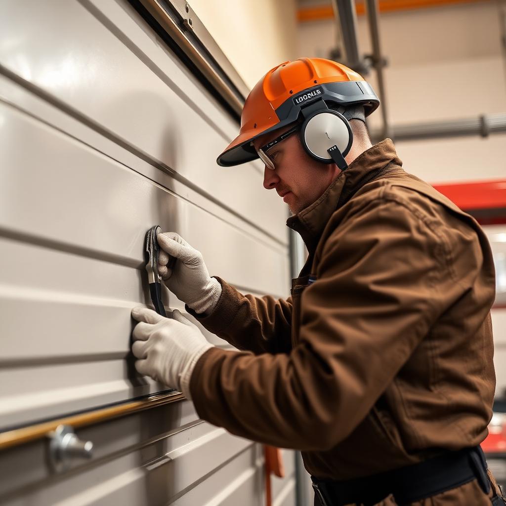 Professional technician installing new garage door panel with precision tools