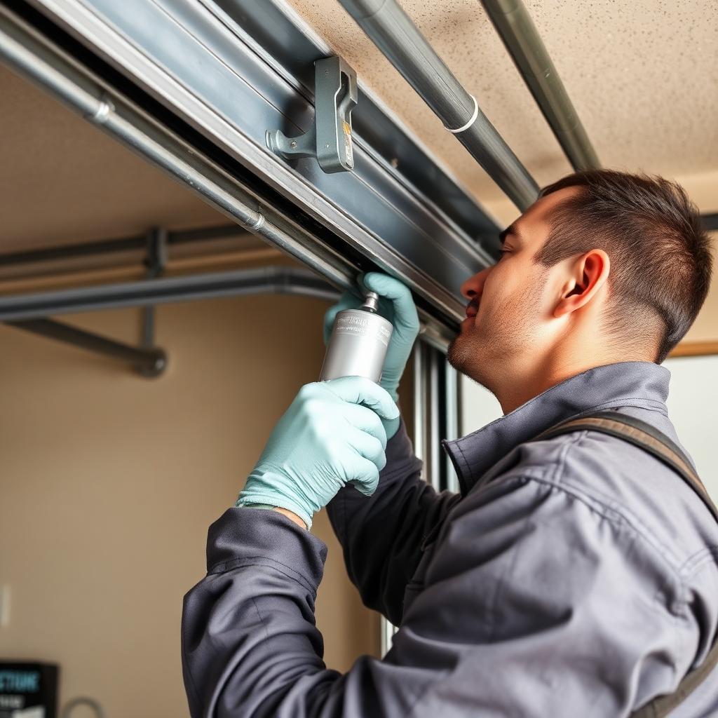 Professional maintenance service lubricating garage door tracks and springs