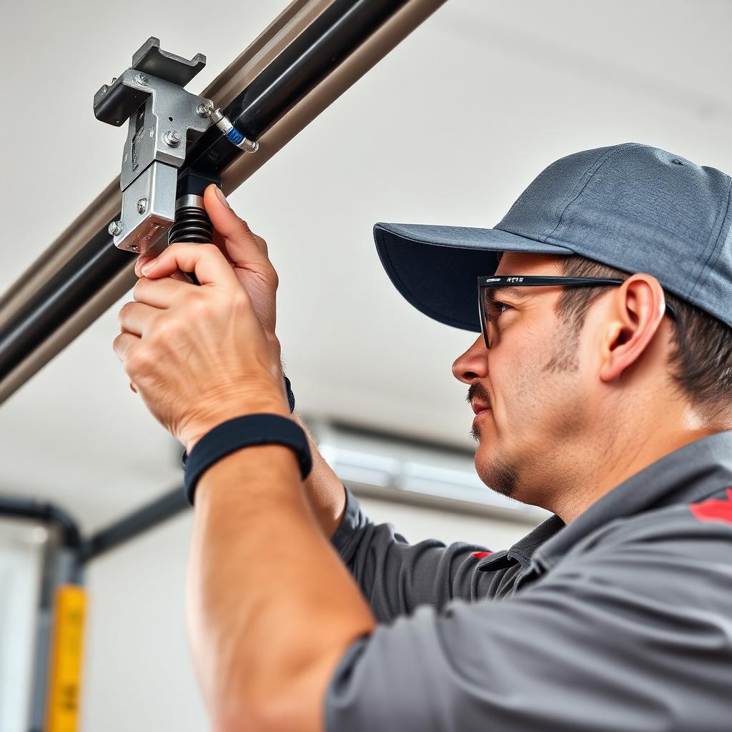 Garage door repair technician fixing spring mechanism on residential door